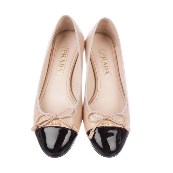 Prada Shoes - PRADA Calzature Donna Tan Beige and Black Logo Bow Ballet Flats